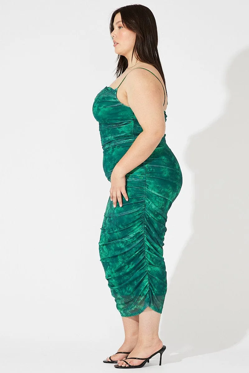 Soft and breathable dress Easy Elegance Green Abstract Ruched Mesh Midi Dress