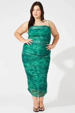 Green Abstract Ruched Mesh Midi Dress Relaxed Comfort Petite Style
