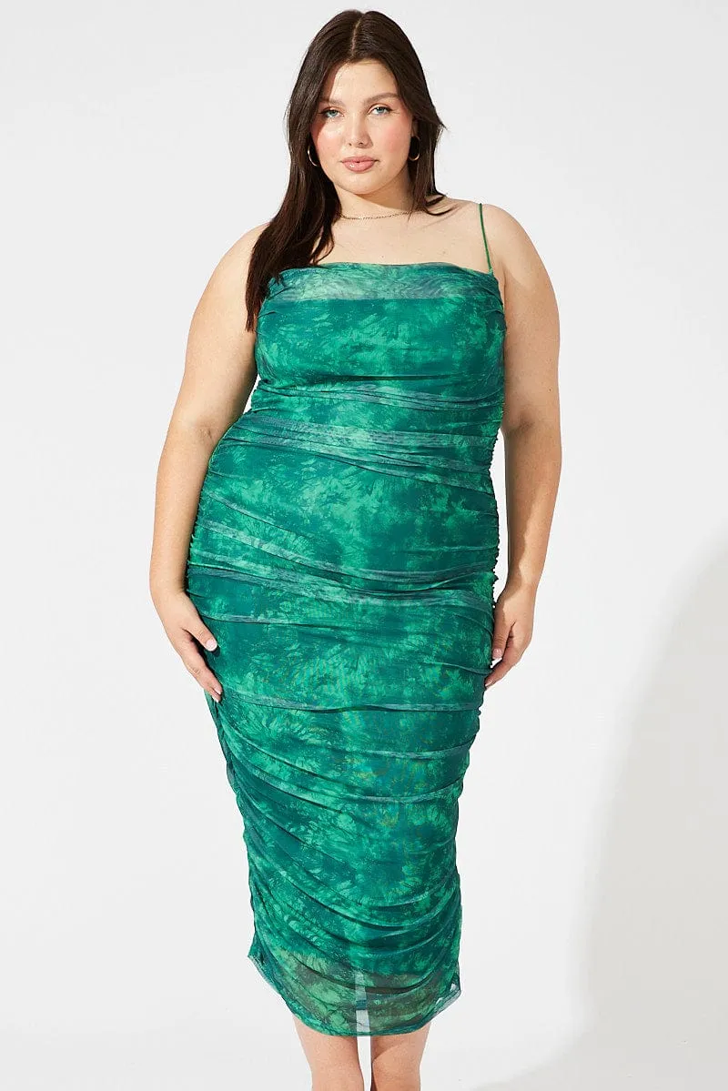 Dew Drop music concert Green Abstract Ruched Mesh Midi Dress