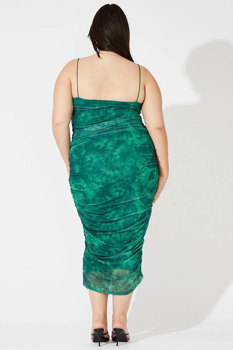 Green Abstract Ruched Mesh Midi Dress laid-back style