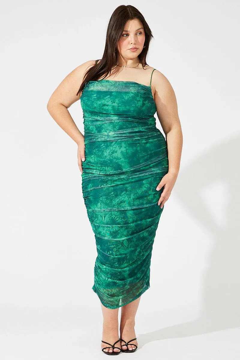 Moon View Fashion Must-Have Green Abstract Ruched Mesh Midi Dress