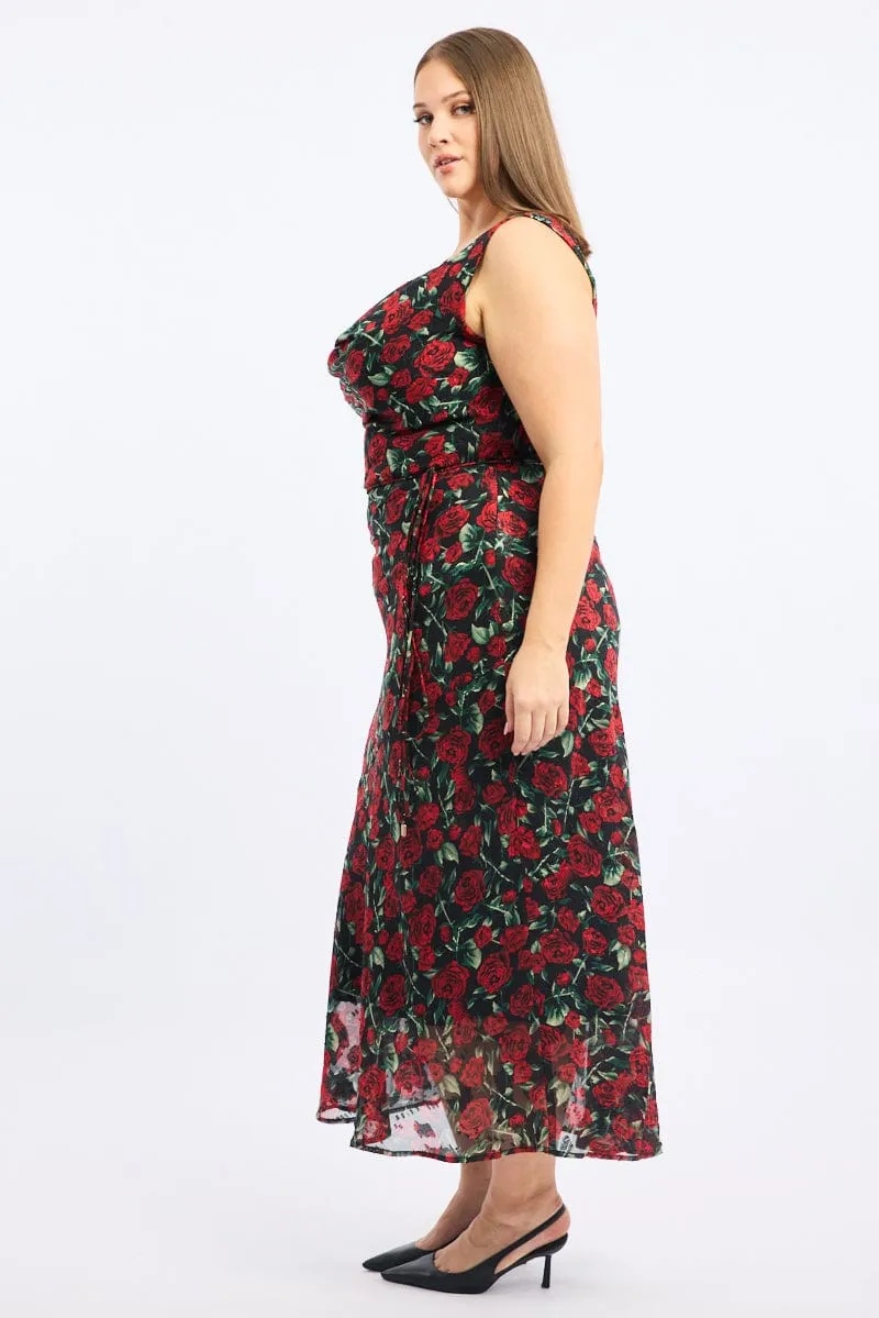 Red Floral Midi Dress Sleeveless Cowl Neck Timeless silhouette