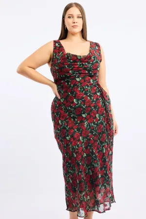 Red Floral Midi Dress Sleeveless Cowl Neck Comfortable Layers Poetic Mood