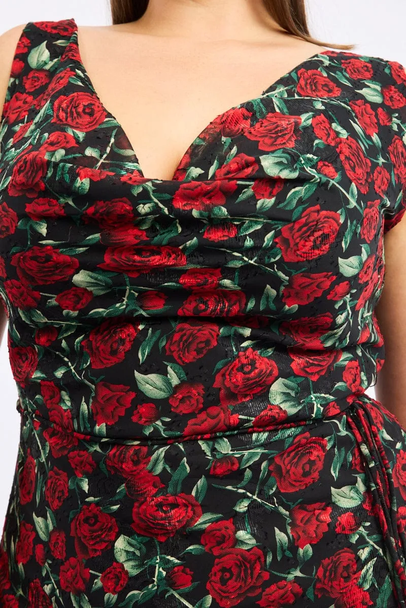 Mesh Breeze Red Floral Midi Dress Sleeveless Cowl Neck