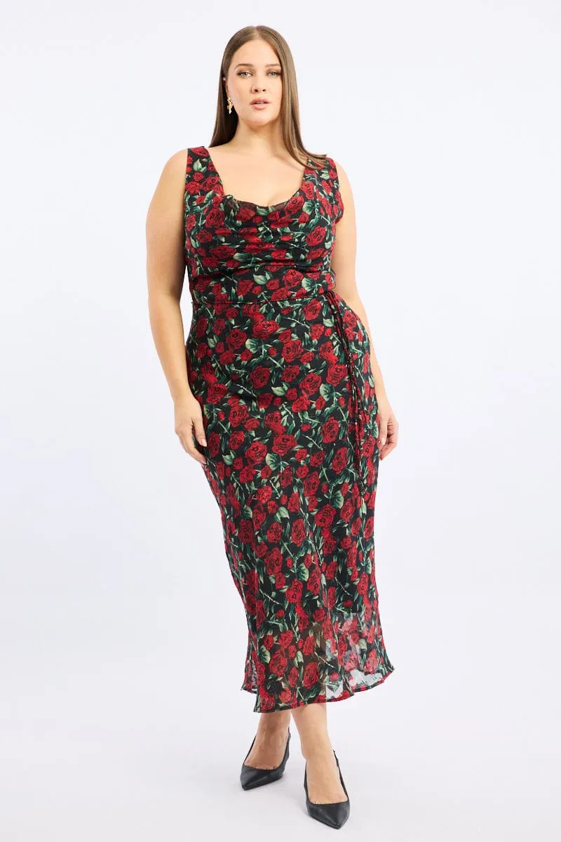 Classy Look Red Floral Midi Dress Sleeveless Cowl Neck