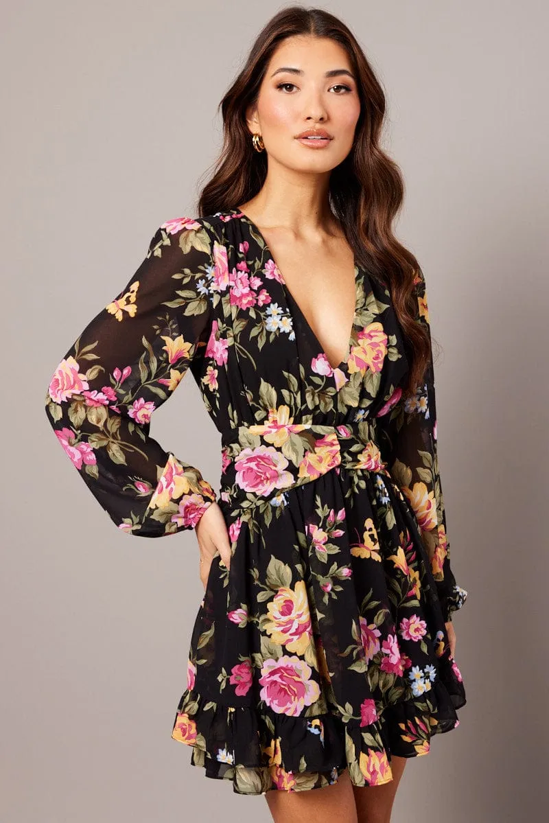 Black Floral Skater Dress Balloon Sleeve Ruffle Frill Dress AbrasionResistantThread Design Glow