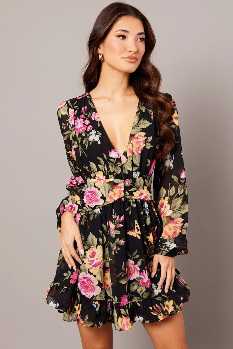 Black Floral Skater Dress Balloon Sleeve Ruffle Frill Dress Classic Wear
