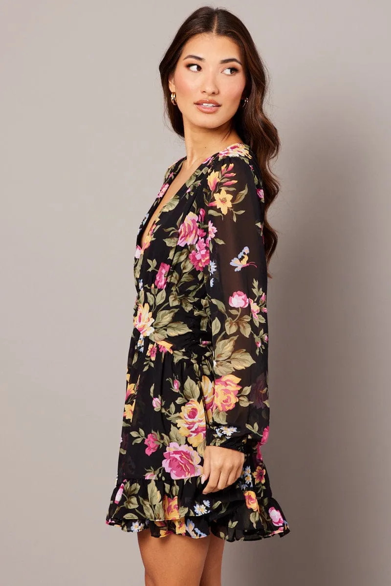Black Floral Skater Dress Balloon Sleeve Ruffle Frill Dress UVProtective Coating WaterRepellent