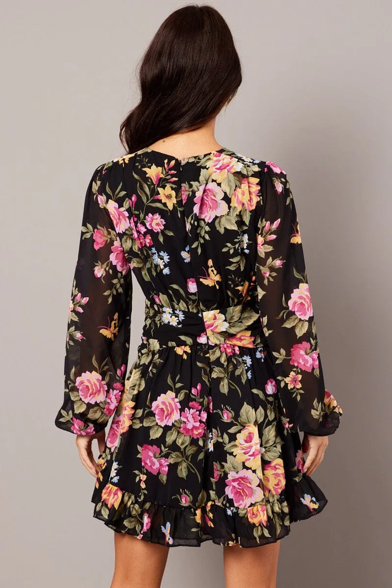 Cool Design Black Floral Skater Dress Balloon Sleeve Ruffle Frill Dress