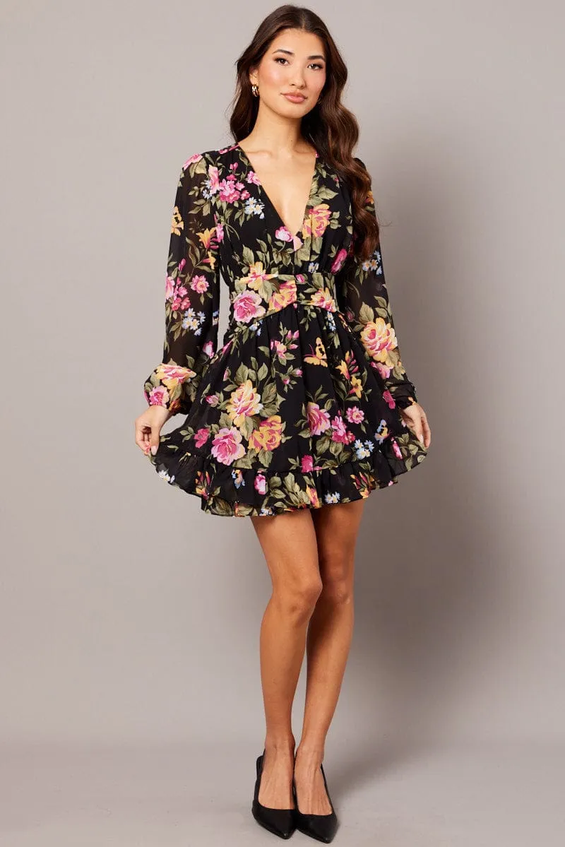 Black Floral Skater Dress Balloon Sleeve Ruffle Frill Dress AllDayComfort ElasticFree