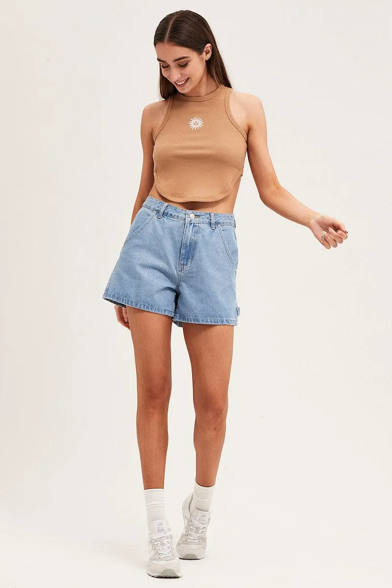 Brown Rib Jersey Embroidered Graphic Curved Hem Tank Cozy Layers