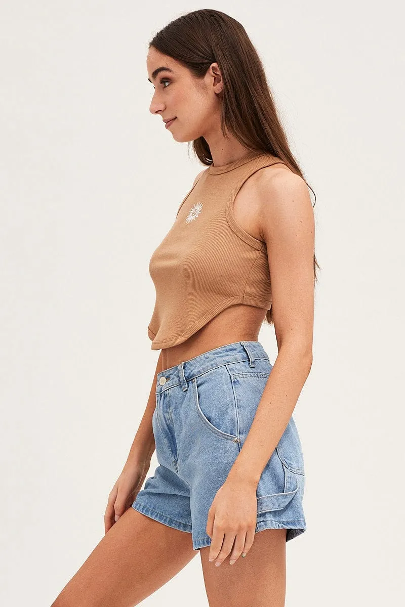 Brown Rib Jersey Embroidered Graphic Curved Hem Tank QuickDry Technology QuickDry Construction