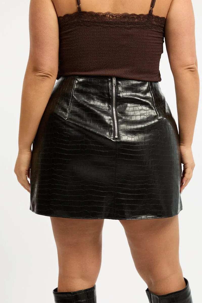 Black Croc Faux Leather Skirt Bold Print Calm Mood