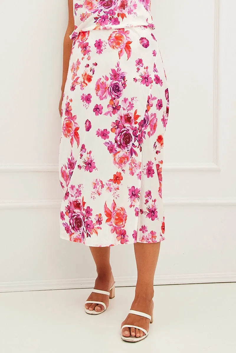 Foldable Design Travel Vibes Pink Floral Midi Skirt High Waist Split Satin