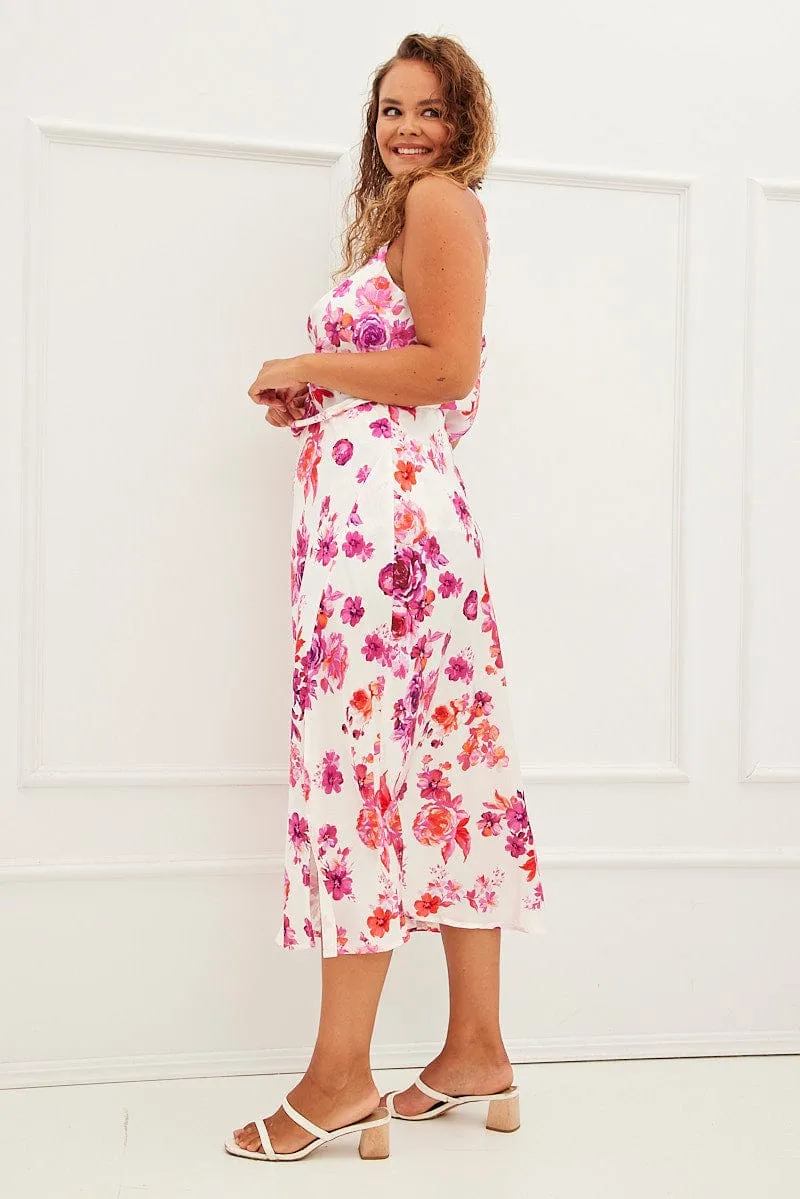 Transitional Wear Pink Floral Midi Skirt High Waist Split Satin