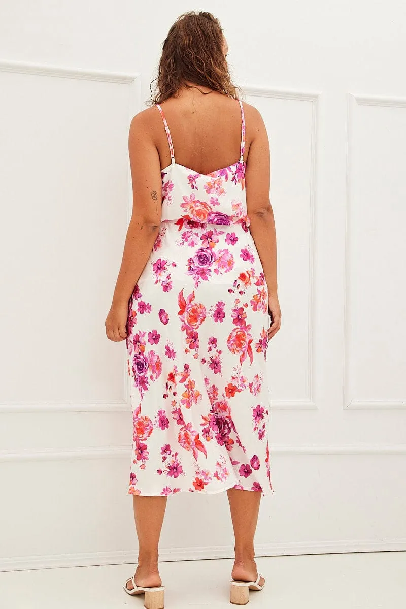 Pink Floral Midi Skirt High Waist Split Satin Simple Comfort Functional Detail