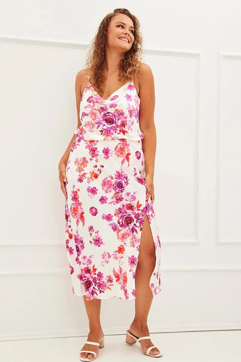 Smooth Look Relaxed Mood Pink Floral Midi Skirt High Waist Split Satin