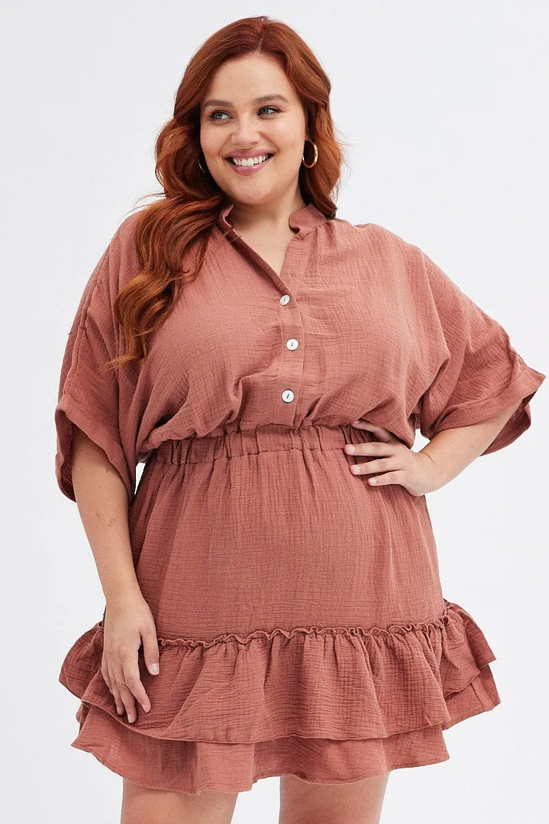 Hidden Pocket Design Brown Mini Dress Button Front Cotton Crush