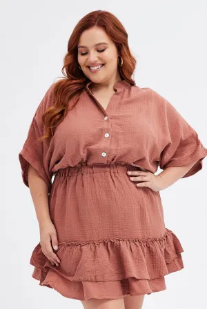 Brown Mini Dress Button Front Cotton Crush Classic cute short dress High Breathability