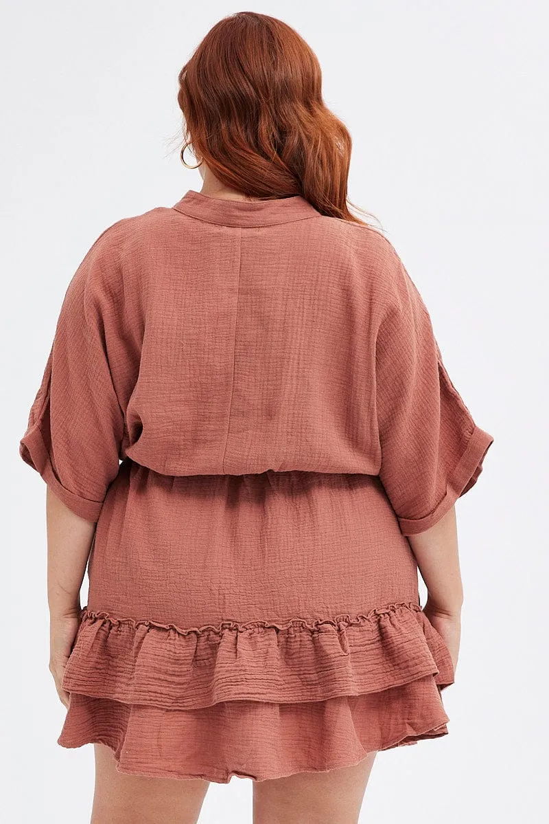 Brown Mini Dress Button Front Cotton Crush Slim Touch