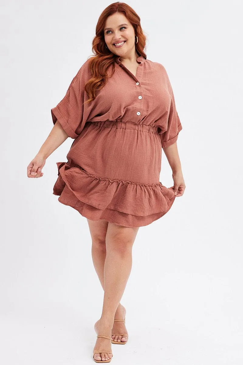 Edge Pop Brown Mini Dress Button Front Cotton Crush