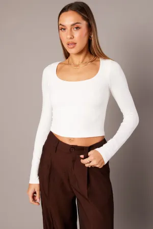 White T Shirt Long Sleeve Seamless Scoop Neck StaticFree Material
