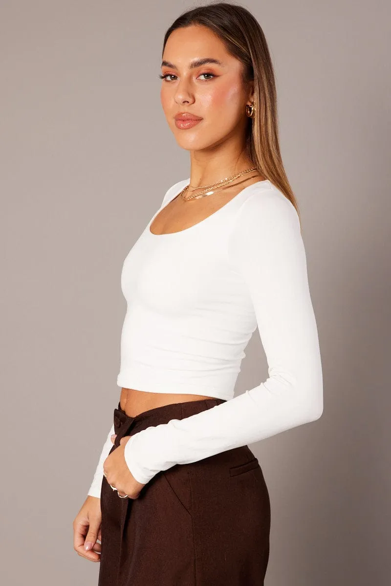 Stone Glow Coastal Chic White T Shirt Long Sleeve Seamless Scoop Neck