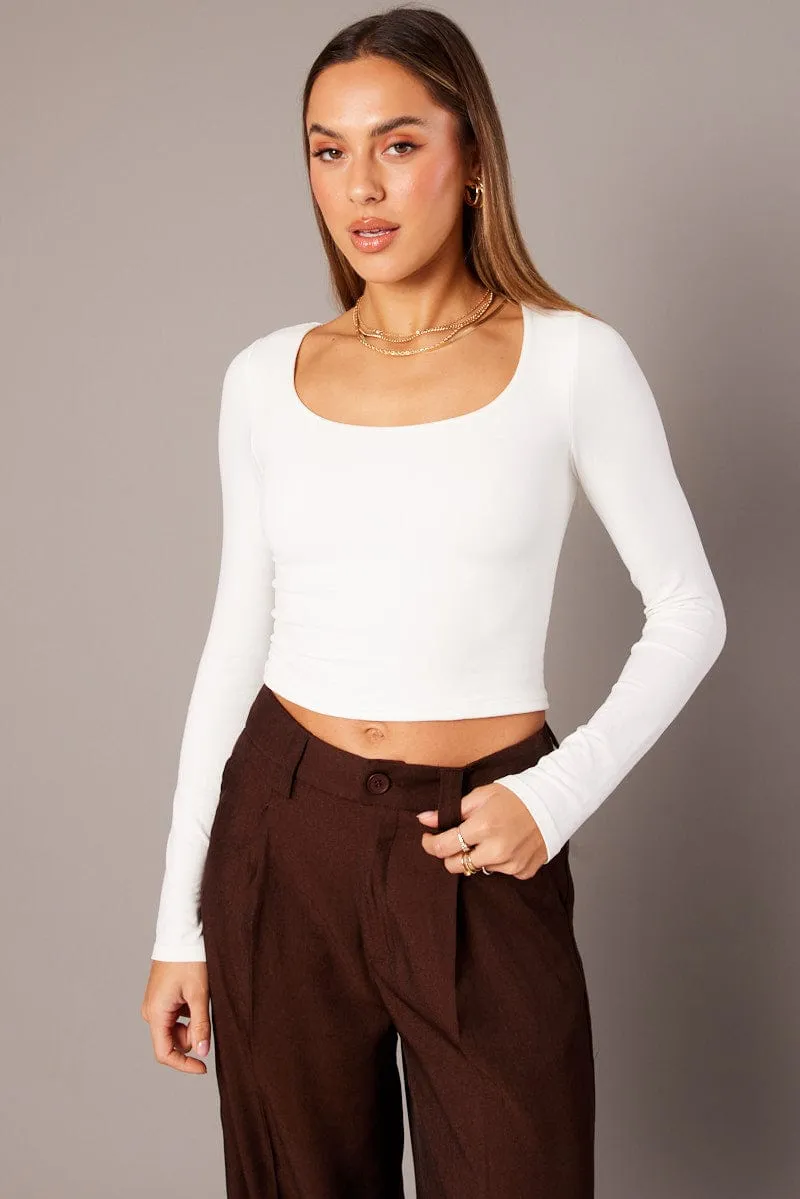 White T Shirt Long Sleeve Seamless Scoop Neck StaticFree Material
