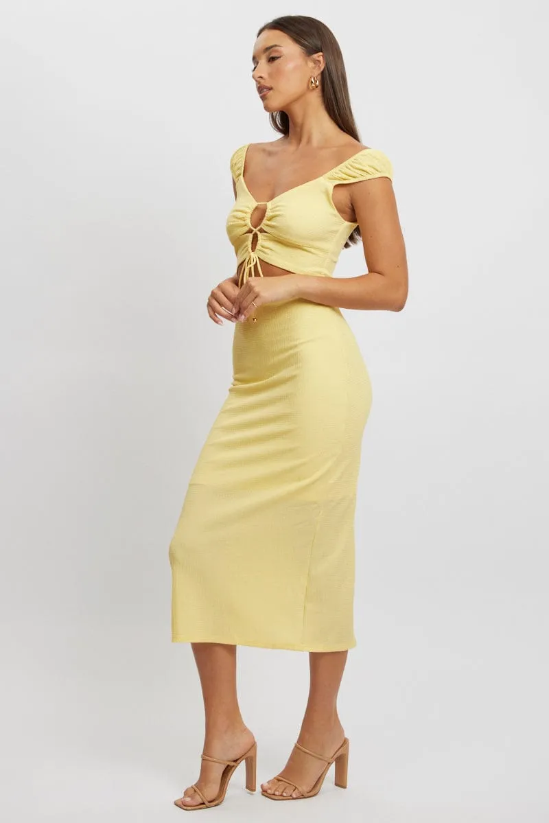 Yellow Bodycon Dress Textured Midi NonIrritatingSeams Pearl Tone