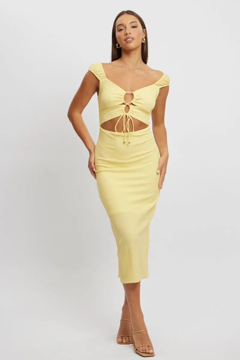 Yellow Bodycon Dress Textured Midi QuickDry Construction