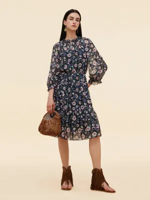 10MM Mulberry Silk Floral Print Women Ruffle Collar Midi Dress Host Smile Soft Flow