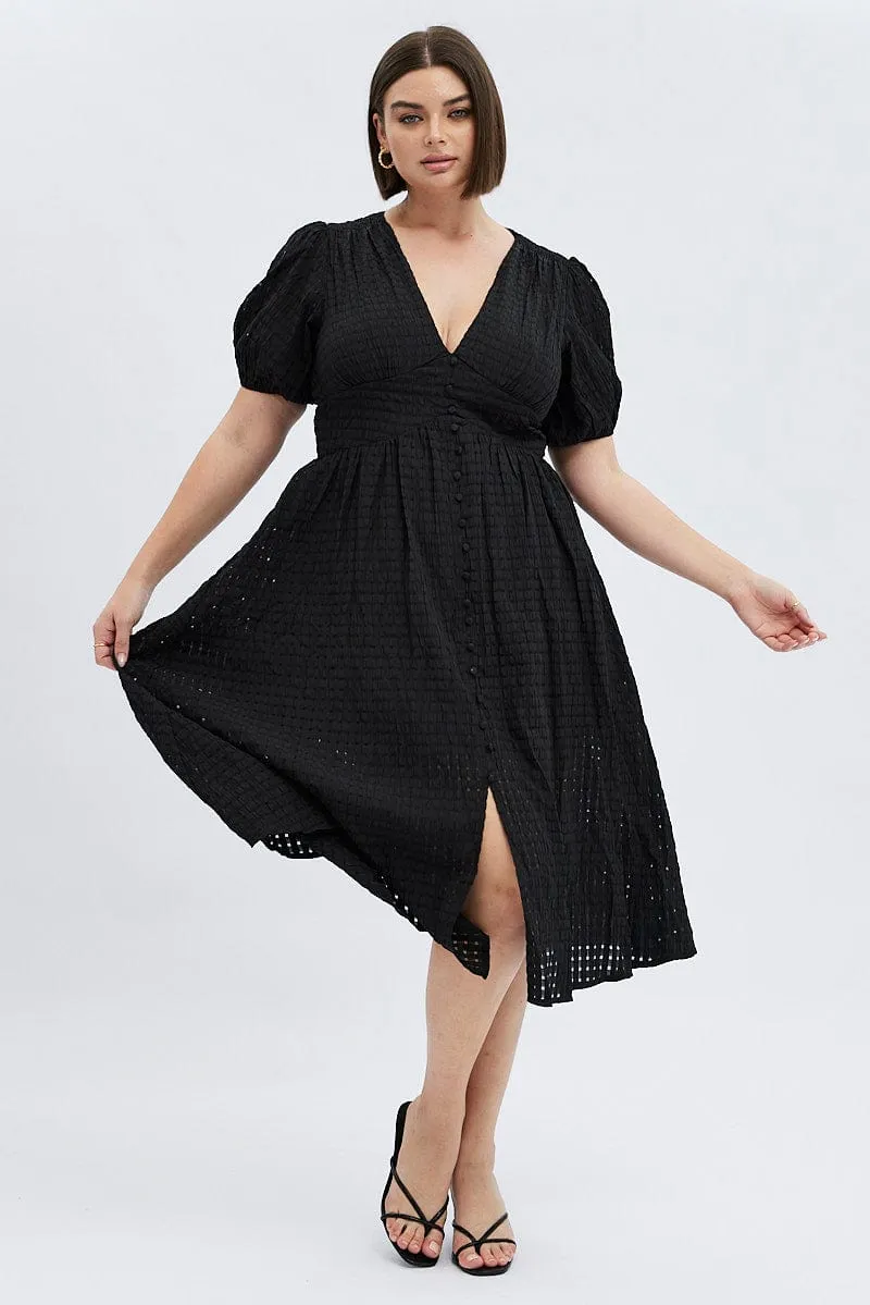 Clear Sky Graceful Flow Black Midi Dress Short Puff Sleeve