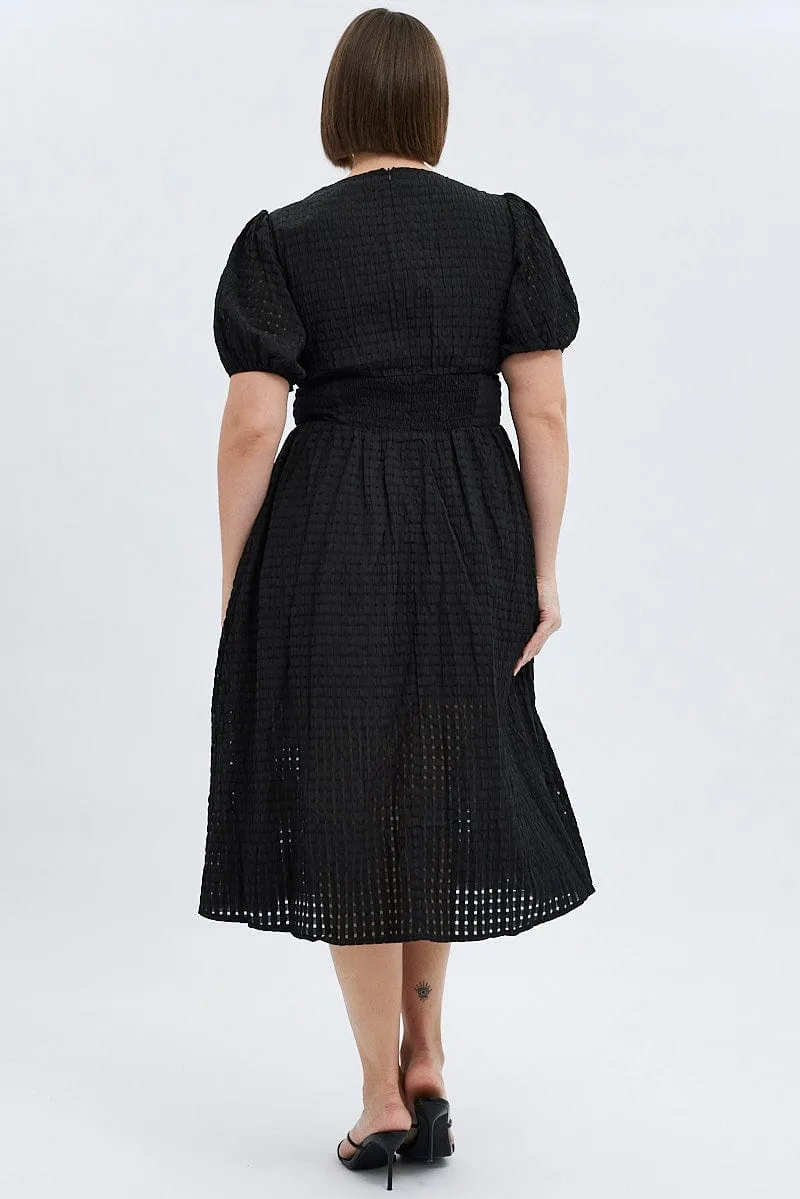Pearl Soft Travel Light Black Midi Dress Short Puff Sleeve