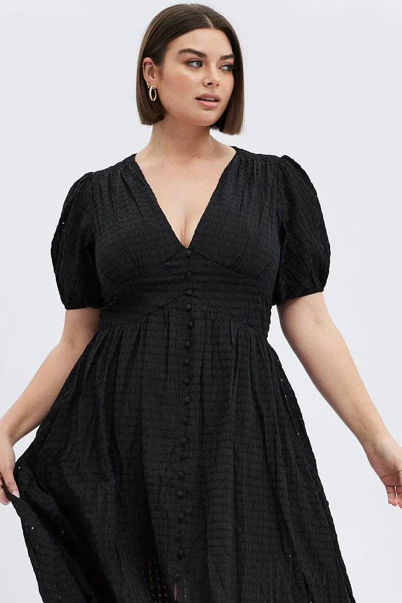 Smart Design Fashion-forward piece for evening Black Midi Dress Short Puff Sleeve
