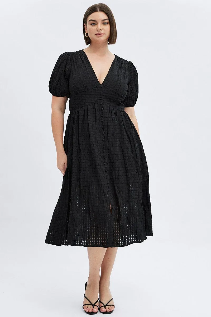 Black Midi Dress Short Puff Sleeve Ocean Breeze