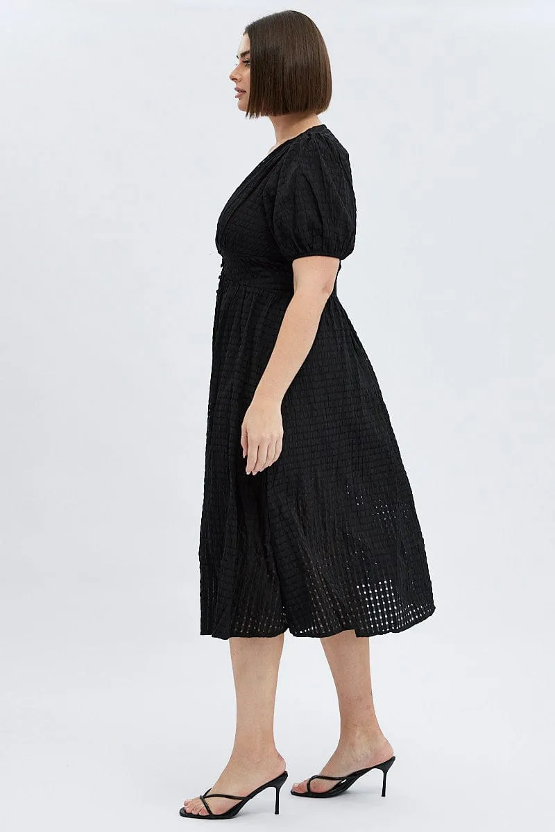 Feel Good Classic Cool Black Midi Dress Short Puff Sleeve