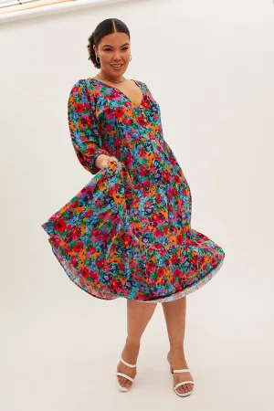 Art Gallery Multi Floral Midi Dress Button Detail Swing Half Sleeve