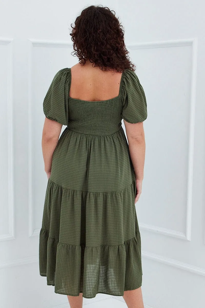 Khaki Short Sleeve Shirred Midi Dress chic aesthetic