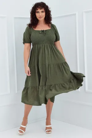 Khaki Short Sleeve Shirred Midi Dress Reef View