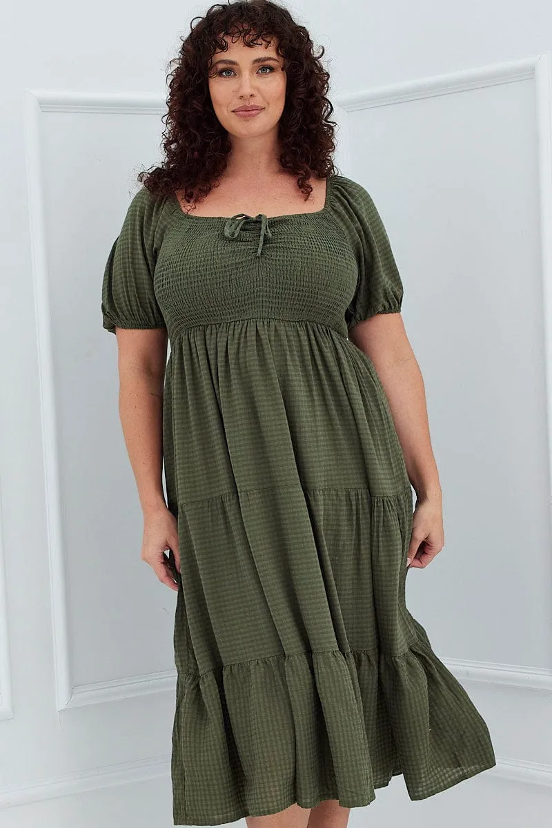 Contemporary Fashion Bridal Mood Khaki Short Sleeve Shirred Midi Dress
