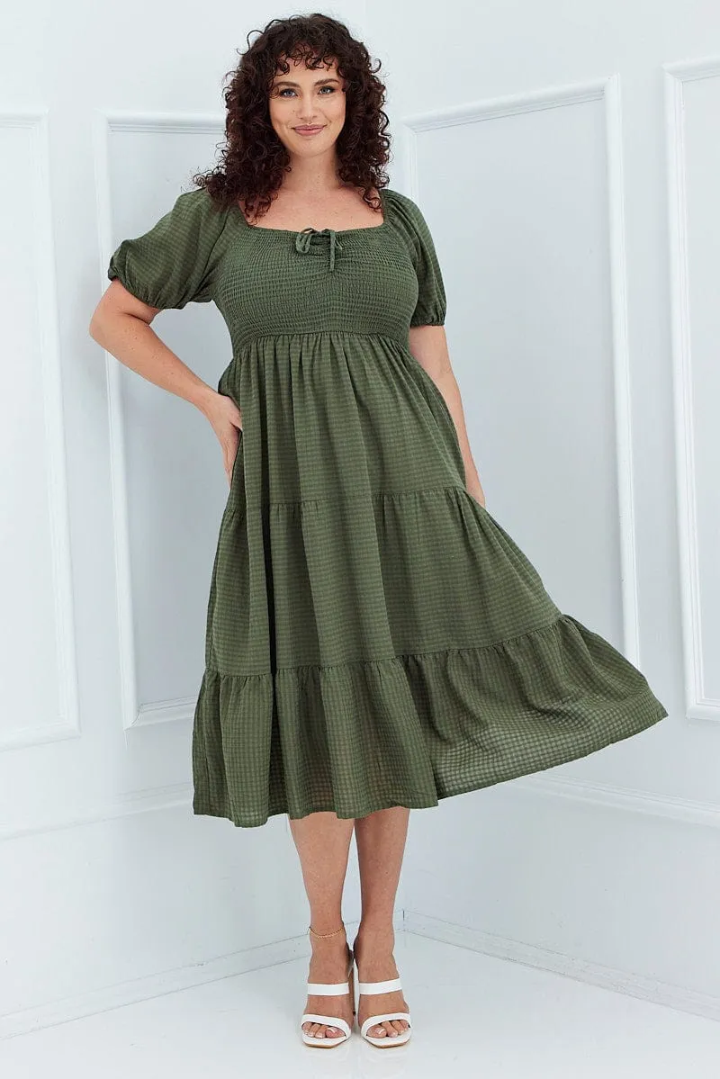 Fashion Statement Fur Warm Khaki Short Sleeve Shirred Midi Dress