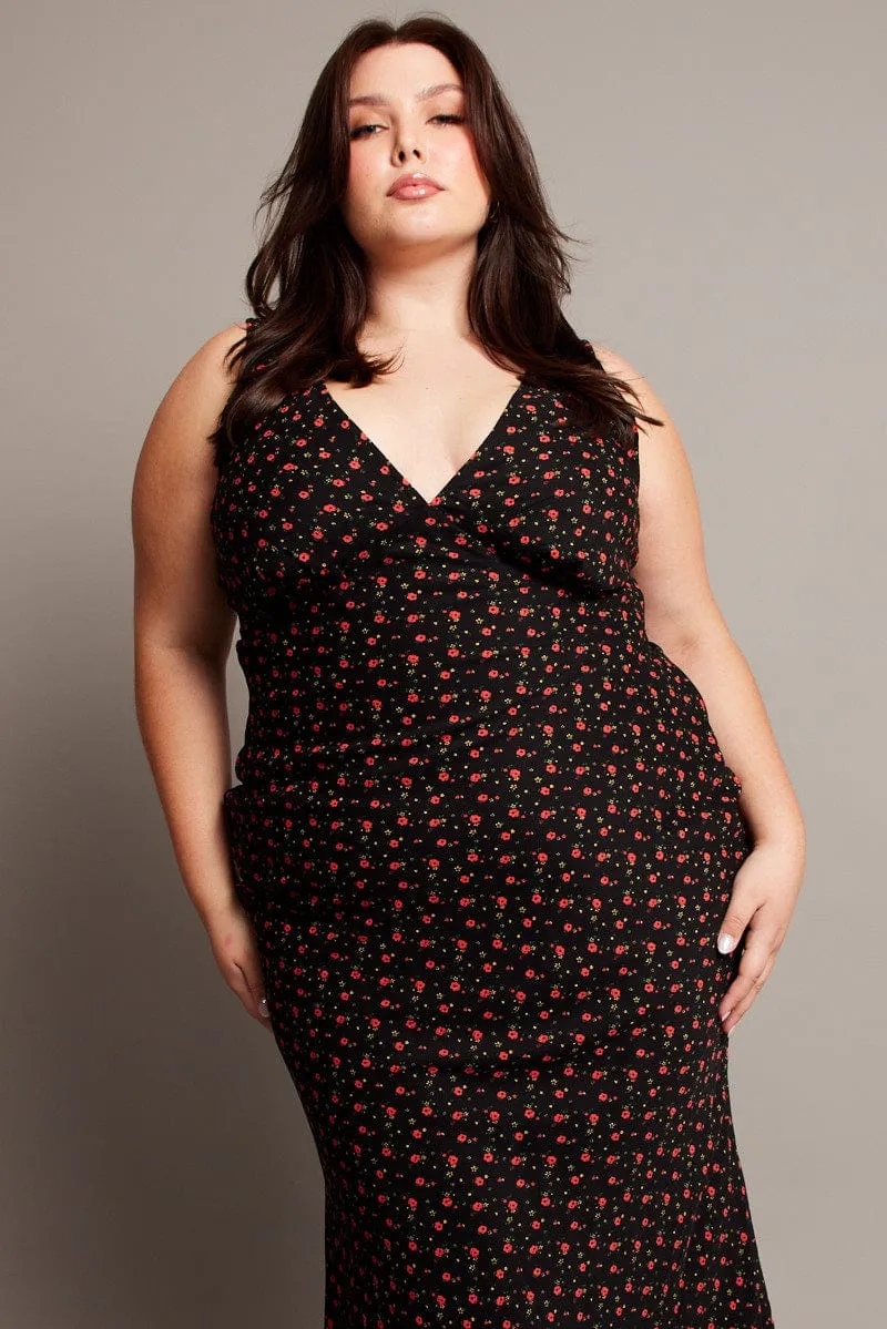 Black Floral Midi Dress Sleeveless V-neck Modern feminine style