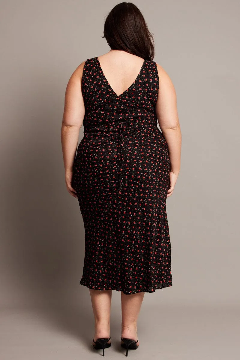 Black Floral Midi Dress Sleeveless V-neck Coral Glow Linen Cool