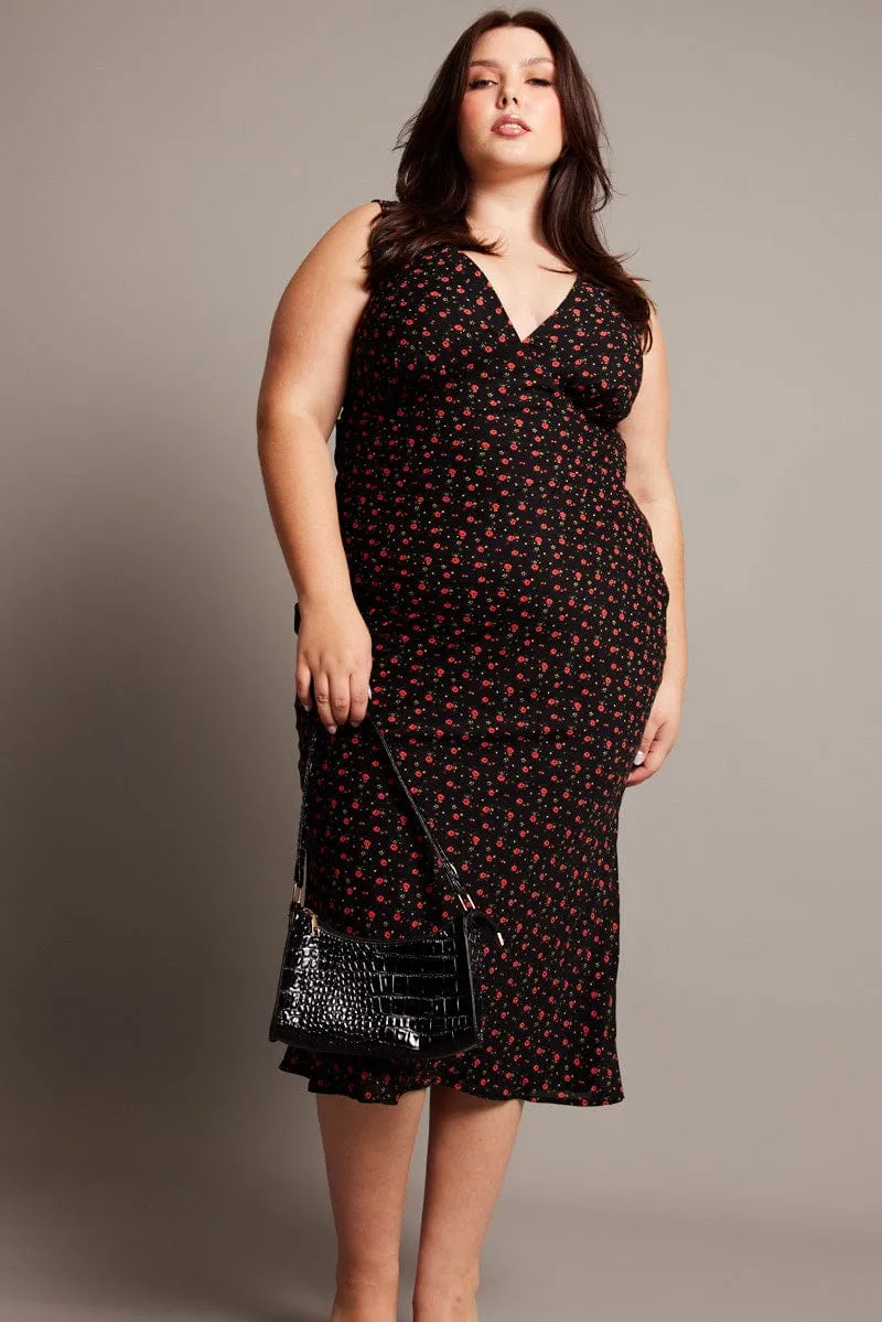 Sunset Glow Rose Garden Black Floral Midi Dress Sleeveless V-neck