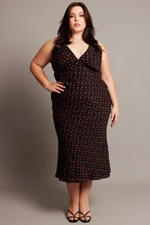 Easy Style Black Floral Midi Dress Sleeveless V-neck