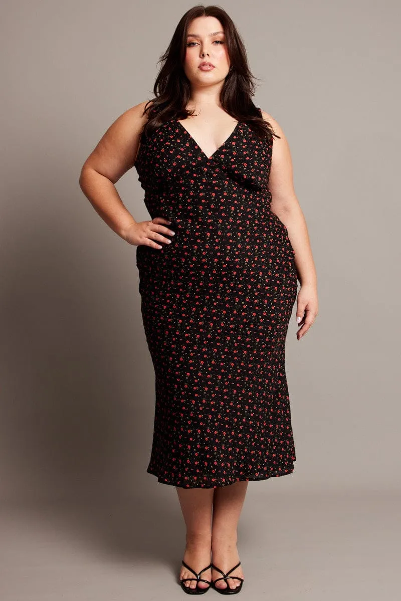 Easy Style Black Floral Midi Dress Sleeveless V-neck