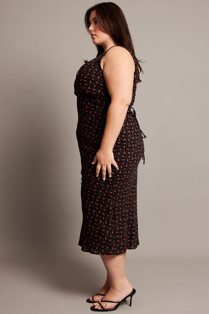 All Season Style Easygoing Outfit Black Floral Midi Dress Sleeveless V-neck