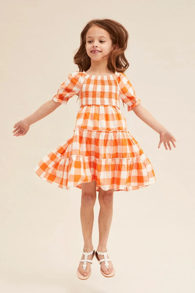 Friend Wedding Easy Match Check Kids Short Sleeve Check Shirred Midi Dress