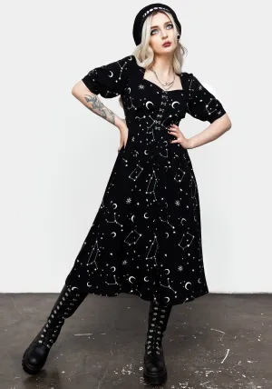 Flattering Style Coral Glow Silver Celestial Print Sweetheart Midi Dress