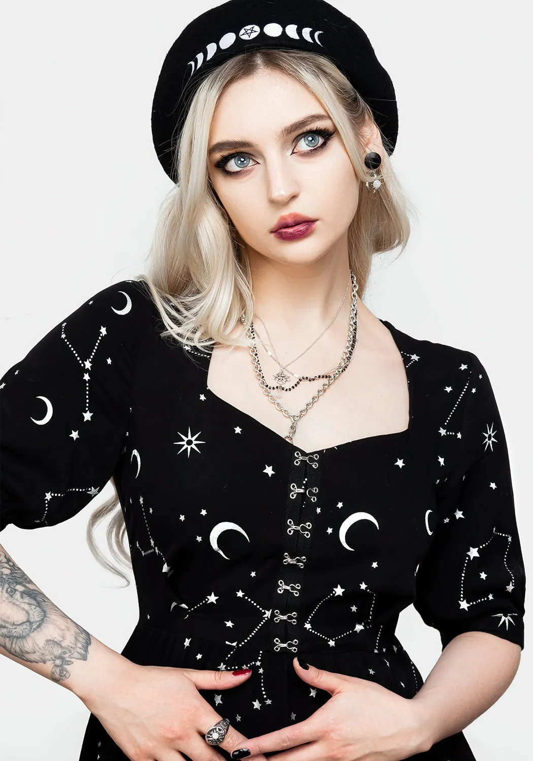 Silver Celestial Print Sweetheart Midi Dress Reef View Comet Tail